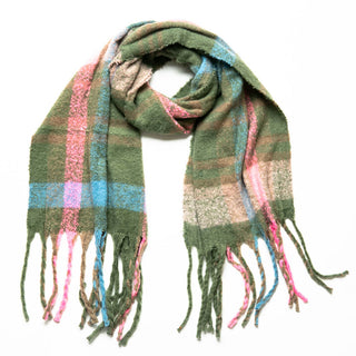 olive, turquoise and pink plaid Zoey scarf with fringe