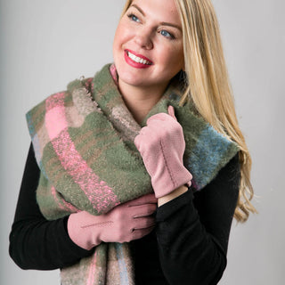 olive, pink and turquoise plaid Zoey scarf with fringe with pink gloves