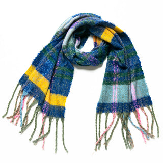 navy pink green and yellow plaid Zoey scarf with fringe