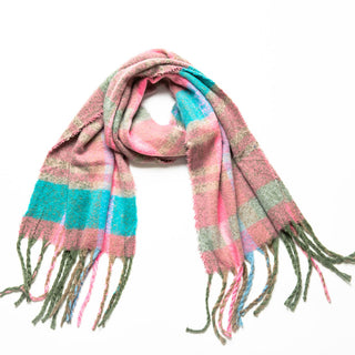 pink, turquoise and olive plaid Zoey scarf with fringe