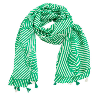 Green scarf with stripe design and tassels
