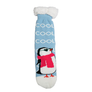 Slipper sock with penguin on light blue background with the word "Cool" in white.