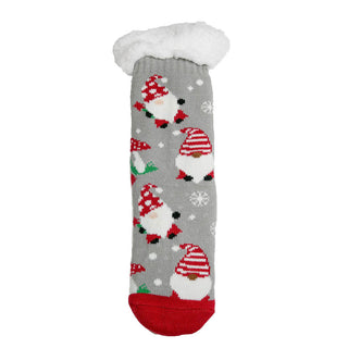 Slipper sock with gnomes on grey background.