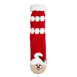 Slipper sock with face of Mrs. Claus on red background,