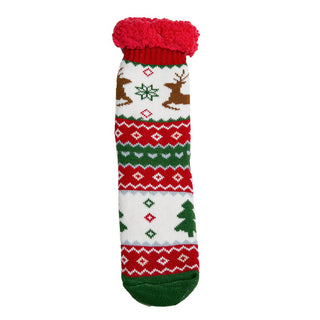 Slipper sock with reindeer and pine trees on red, green and white background.