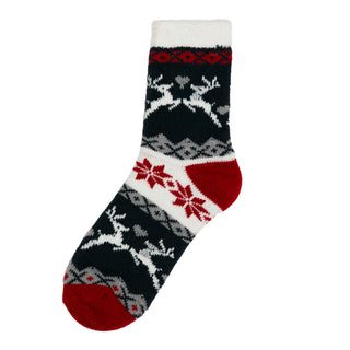 navy and red reindeer wintry socks