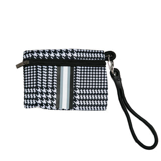 wristlet included with black and white plaid Carla City Bag in neoprene with black, gray and white stripe