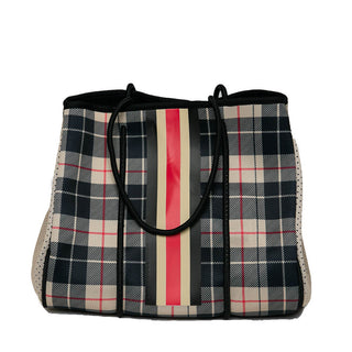 Tan black and red plaid Carla City Bag in neoprene with black, camel and red stripe