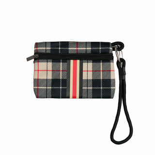Wristlet included with Tan black and red plaid Carla City Bag in neoprene with black, camel and red stripe