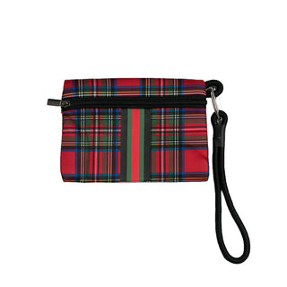 Wristlet included with red tartan plaid Carla City Bag in neoprene with black, green and red stripe