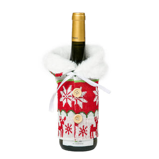 wine sweater in red and white reindeer and snowflake knit with fleece lining and 2 faux wood buttons