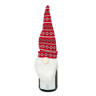 Gnome bottle topper with red and gray knit hat