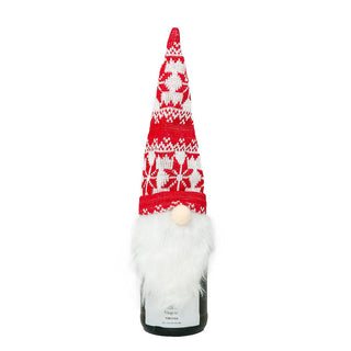 Gnome bottle topper with knit hat in red and white snowflake print