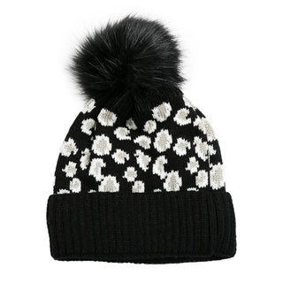 black and white leopard print beanie hat with black faux fur pom pom