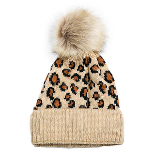 camel tan leopard print beanie hat with faux fur pom pom