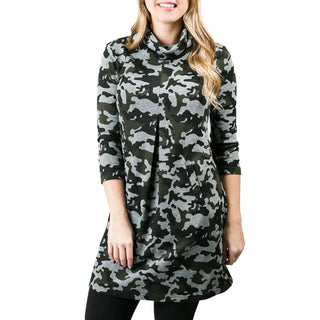 green and gray camouflage print jacquard knit tunic dress with three quarter sleeves, turtleneck and front pleat