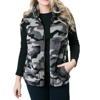 gray camouflage print fleece vest with zipper front and pockets