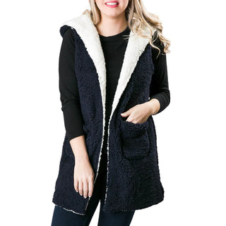 reversible navy sherpa vest with hood and pockets