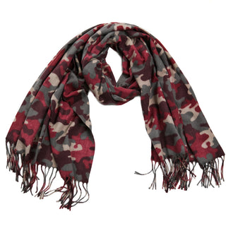 camo print in cranberry and gray cozy scarf with fringe
