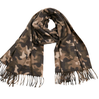 camo print in browns and green cozy scarf with fringe