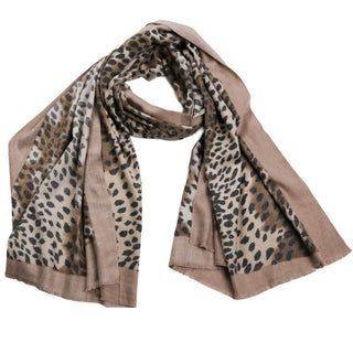 soft leopard print scarf with taupe trim
