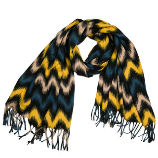 yellow and teal multi color chevron stripe scarf with fringe